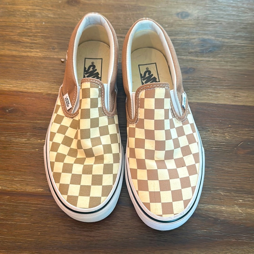 Tan and Cream Checkered Vans Slip-Ons